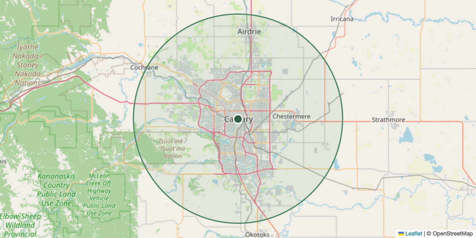 Map showing Dependable Renovations’ service area covering Calgary and the surrounding region