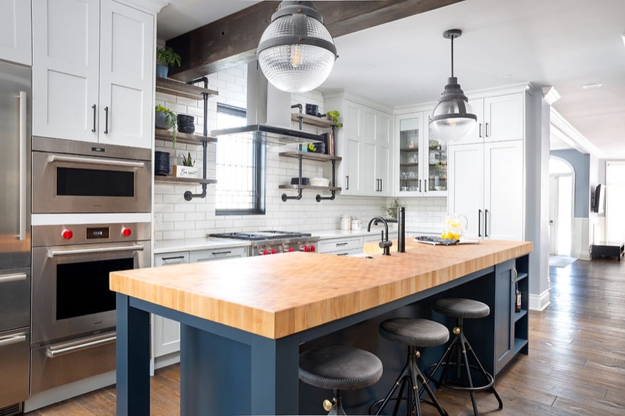 A custom kitchen island with a butcherblock countertop